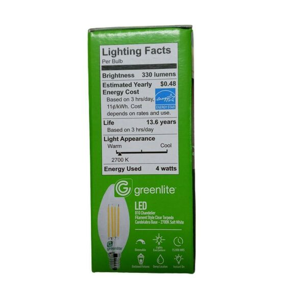 GreenLite LED 4PK Chandelier Bulbs 4W LED Equal to 40W 15,000 Hours 2700K - Picture 5 of 9